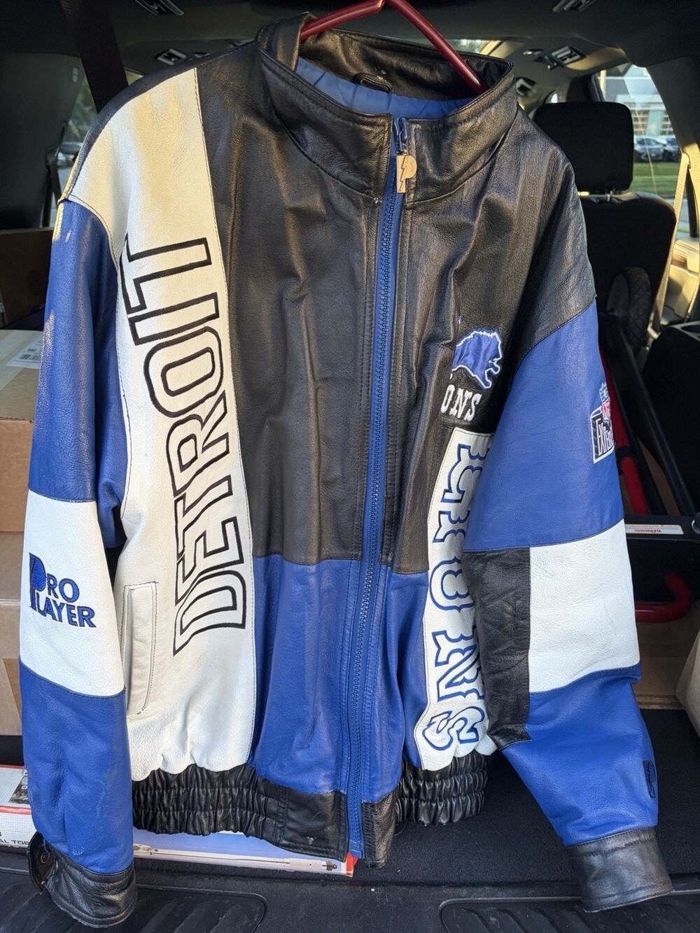Vintage Pro Player NFL Detroit Lions Leather Bomber Jacket Size Large